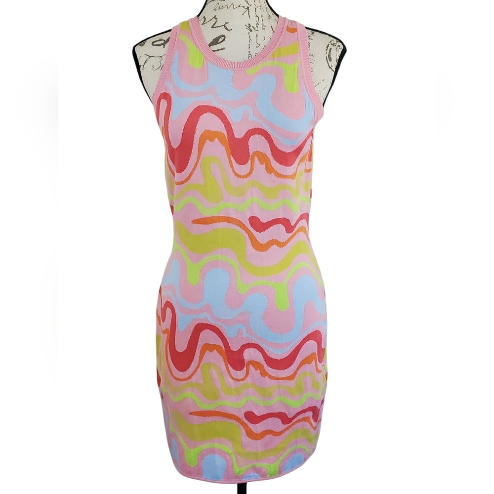 Nicole Miller Multicolor Psychedelic Print Knit Mini Dress Size Large *FLAW*